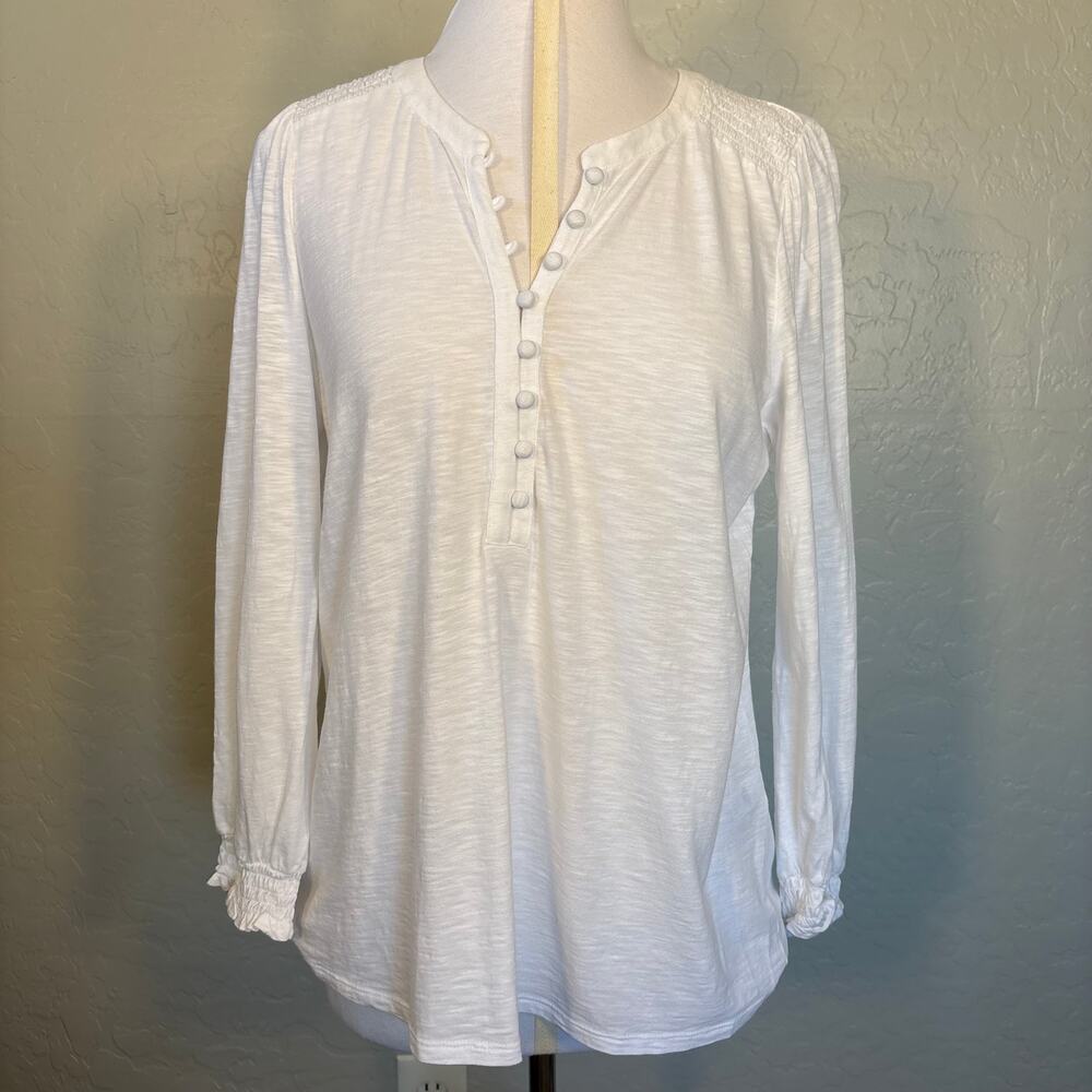 J Jill White Cotton Tencel Modal White Knit Covered Button Smocked Long Sleeve M